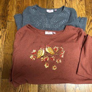 Set Of 2 Quaker Factory L/S Tops Rinestones Owls … - image 1